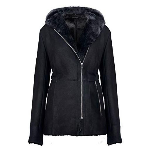 Infinity Leather cappotto da donna elegante in pelle di montone scamosciato con montone con cappuccio snowtip nero l