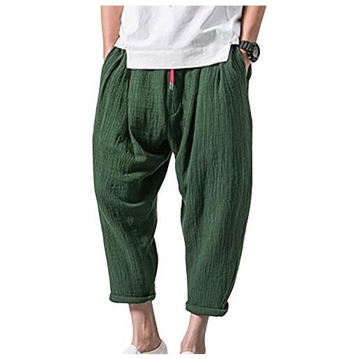 ShiFan pantaloni di lino uomo baggy casual pantalone pinocchietti con tasconi esercito verde l
