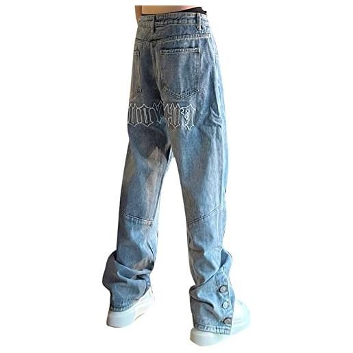 YAODAMAI jeans da uomo ricamati con lettera posteriore pantaloni larghi hip-hop a gamba larga pantaloni abbottonati per la strada alta
