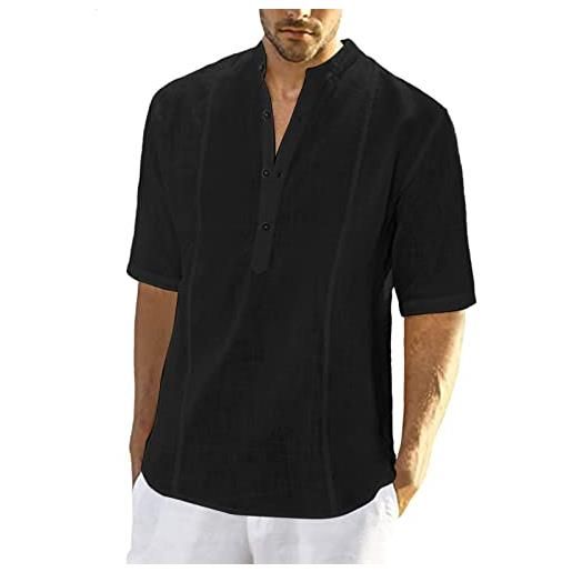 kenly moss camicia da uomo in lino a maniche corte t-shirt slim abbottonata da uomo stile spiaggia e casual, nero , xl