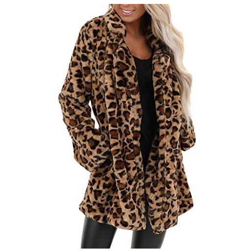 IQYU giacca lunga da donna con motivo leopardato in pelliccia sintetica, calda e invernale, taglia grande, casual, a maniche lunghe, con motivo leopardato, marrone, m