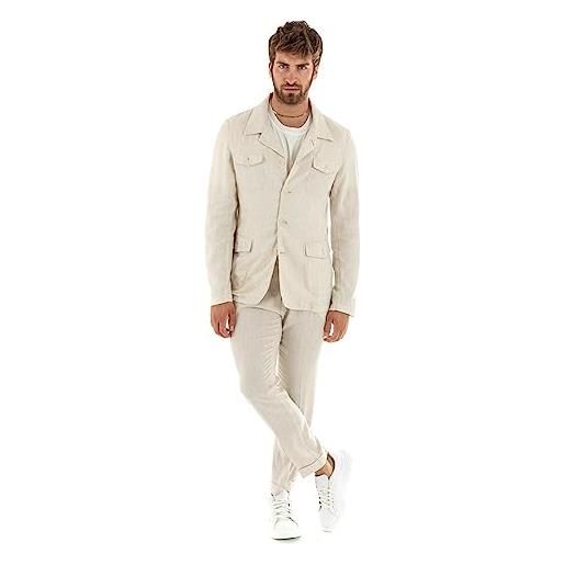 Giosal outfit abito uomo completo giacca sahariana pantalone lino tinta unita casual made in italy (48, beige)