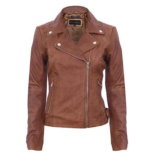 Infinity Leather giacca da motociclista in pelle 100% marrone con bracora per donna coniac abbronzatura s