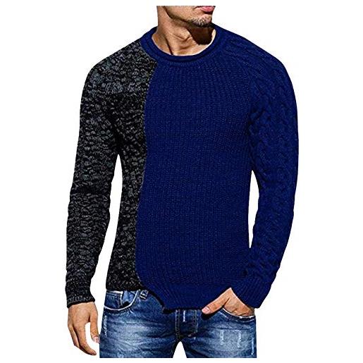 Loeay maglione da uomo girocollo autunno inverno elegante maglione lavorato a maglia casual slim fit colore abbinato manica lunga pullover selvaggio patchwork blu scuro