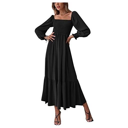 Ausla abito lungo a tunica con colletto quadrato da donna abito casual a maniche lunghe con lanterna sottile(xl-nero)