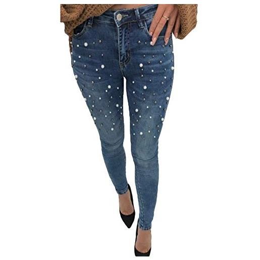 Huixin jeans donna elasticizzati con vita in perline alta elasticizzati pantaloni costume in denim elasticizzato con tasche jeans pantaloni pantaloni matita (color: blau, size: 28)