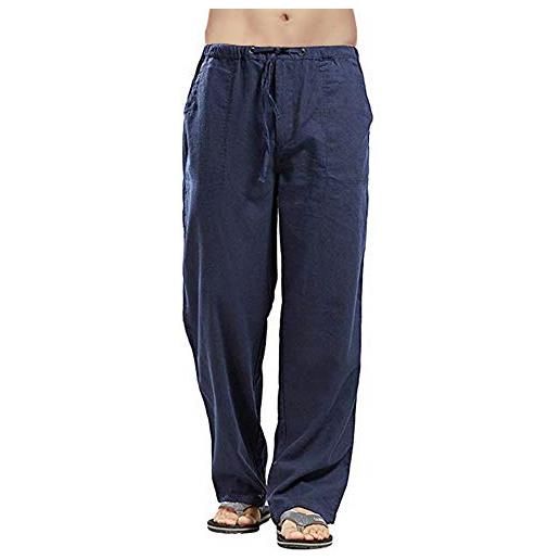 MakingDa pantalone lino uomo pantaloni da spiaggia leggeri larghi yoga pantaloni da lavoro pantaloni casual con coulisse e 4 tasca-blu-xl