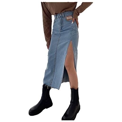 Alloaone donne lunghe denim wrap gonne classiche high jeans gonne split a-line matita gonne, azzurro, s