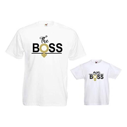 love print coppia di t-shirt magliette padre e figlio/figlia idea regalo festa del papà the boss gold (bianco, uomo m bimbo 3)