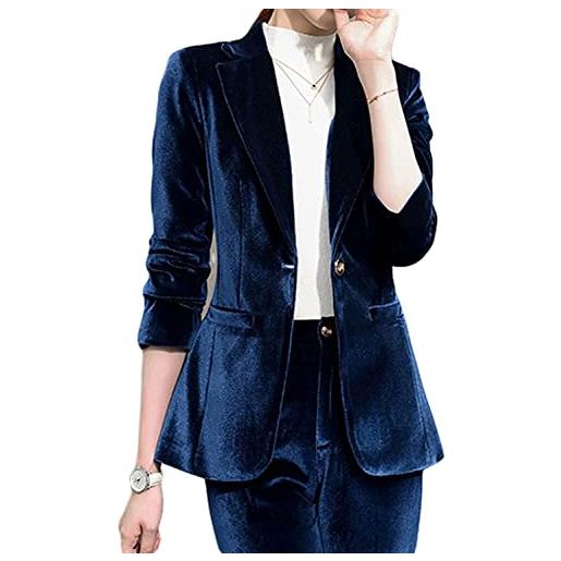 Lazutom giacca casual da donna in velluto, a maniche lunghe, con bottoni, da lavoro e ufficio, blu, 12