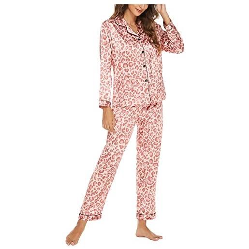 AIEOE set pigiama raso donna 2 pezzi maniche lunghe scollo a v elegante leggero sleepwear lungo per tutte le stagioni taglia xl blu a