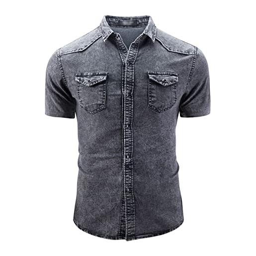Momooda camicie jeans da uomo abbottonate a maniche corte in denim slim fit, camicie estive in cotone elasticizzato casual, grigio chiaro 01, xs