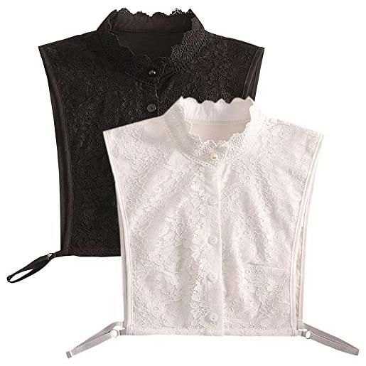 LoudSung camicetta staccabile mezza camicia colletto finto colletto con volant floreale pizzo tipo elegante per donne ragazze, pizzo-bianco&nero, 52