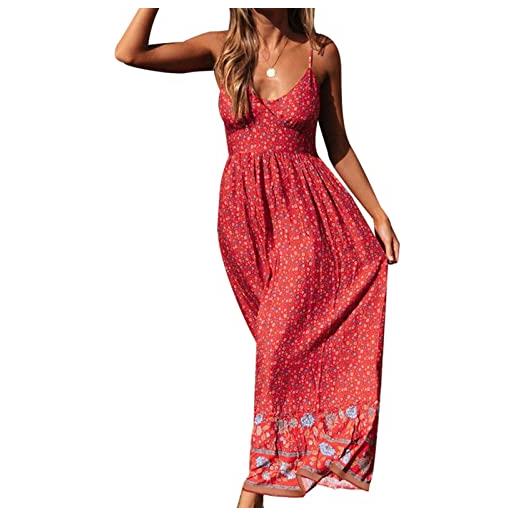 Ausla abiti lunghi sexy da donna estivi senza spalline abito da spiaggia con stampa floreale bohemien con scollo a v bohemien(m-rosso)