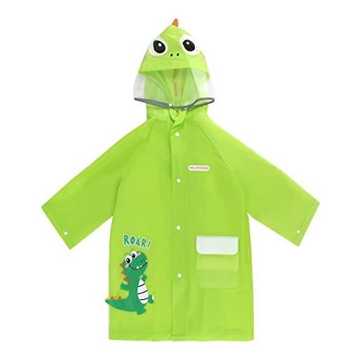 LA HUATE bambini carino del fumetto pioggia poncho 3d dinosaur/coniglio impermeabile giacca da pioggia ragazzi ragazze con cappuccio rainwear, dinosauro verde, 5-6 anni
