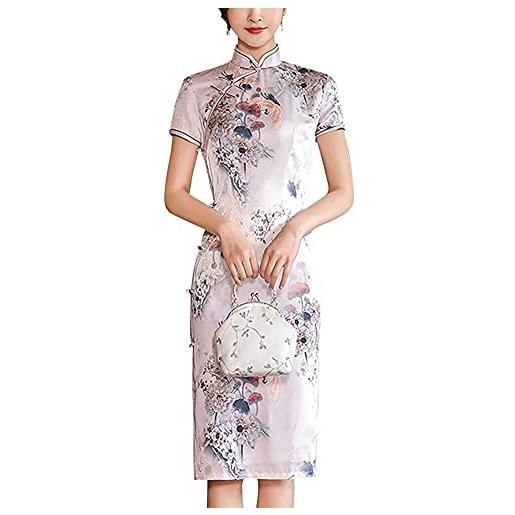 Lazutom abito da donna in stile cinese a maniche corte con stampa floreale midi cheongsam qipao, rosa, 34
