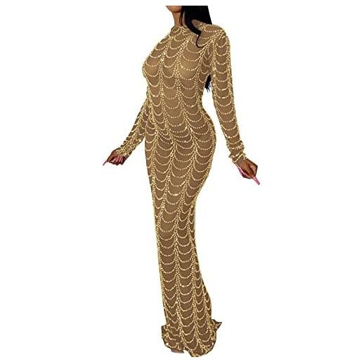 MaNMaNing vestiti da sera donna elegante abito lungo fantasia da donna trasparente scava fuori sexy abito da slim fit strass maglia abito a maniche lunghe alla moda