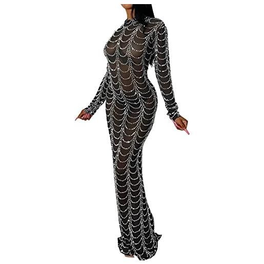 MaNMaNing vestiti da sera donna elegante abito lungo fantasia da donna trasparente scava fuori sexy abito da slim fit strass maglia abito a maniche lunghe alla moda