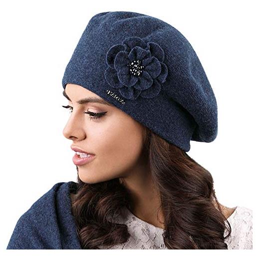 Kamea berretto femminile in lana con fiore vicenza, blu scuro, uni