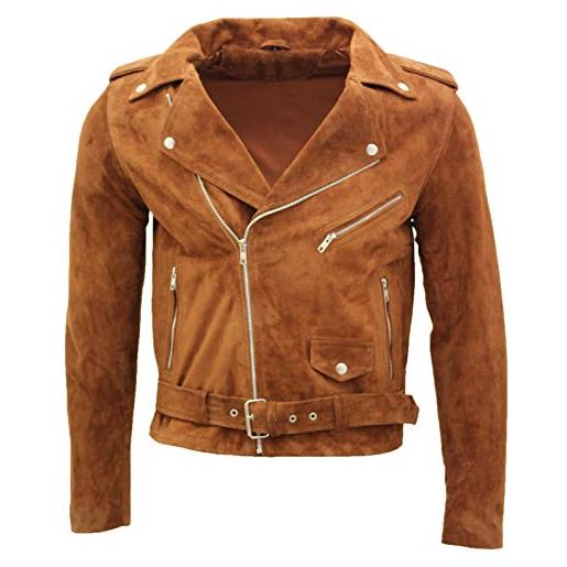 Infinity Leather giacca da motociclista da uomo in pelle scamosciata marrone chiaro brando l