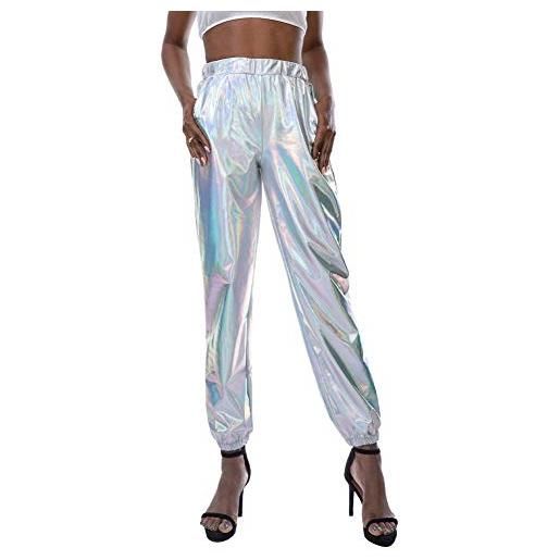 Ibakom - pantaloni da donna in pelle lucida a vita alta holographic tempo libero casual pantaloni lunghi hiphop danza costume da palcoscenico grigio. S