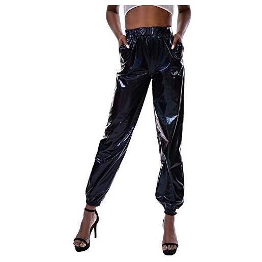 Ibakom - pantaloni da donna in pelle lucida a vita alta holographic tempo libero casual pantaloni lunghi hiphop danza costume da palcoscenico grigio. S