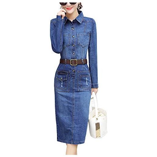 KasenA donna vestito di jeans casual abito lungo manica lunga blu m