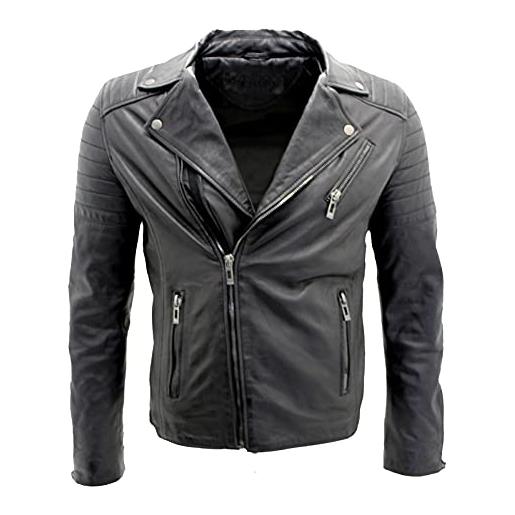 Infinity Leather giacca da uomo in 100% pelle nera con doppia zip incrociata stile motociclista brando slim fit xs