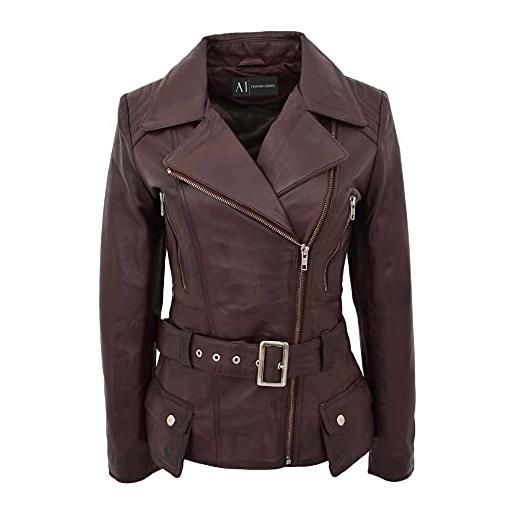A1 FASHION GOODS mandy - giacca da donna in pelle da motociclista, lunghezza alla moda, con cintura aderente, disponibile in 7 colori, marrone, 46