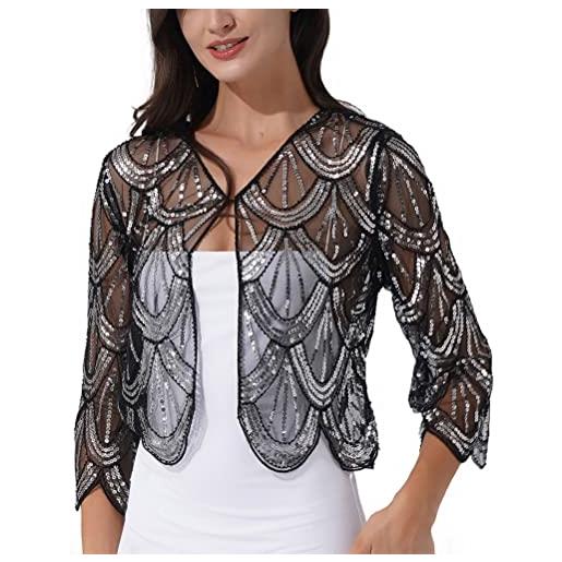 ORANDESIGNE cardigan donna cerimonia elegante coprispalle corte estivi giacca leggera bolero mantello shrug per matrimonio nuziale abito da sposa battesimo comunione a nero taglia unica