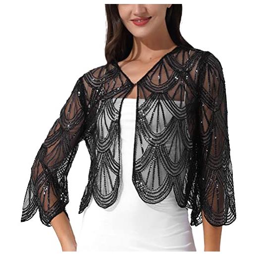 ORANDESIGNE cardigan donna cerimonia elegante coprispalle corte estivi giacca leggera bolero mantello shrug per matrimonio nuziale abito da sposa battesimo comunione a nero taglia unica