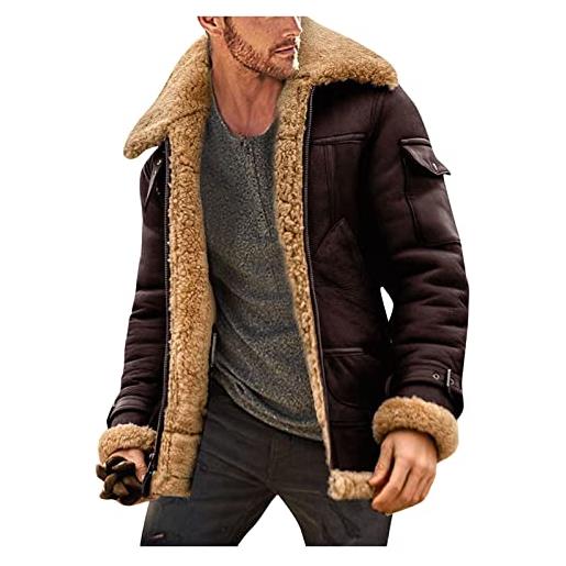Take Idea giacca invernale da uomo in pelle scamosciata con pelliccia, colletto alto di alta qualità, giacca bomber invernale in pelliccia di agnello, nero , l
