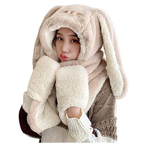 ShapeW set da donna 3 in 1 in peluche con orecchie lunghe, cappello da coniglio, sciarpa, guanti, cappello con tasche per l'inverno quotidiano