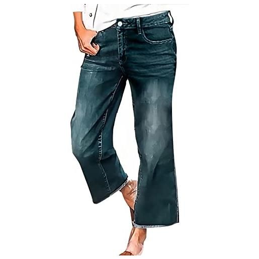 Beokeuioe jeans da donna flared cropped, a tre quarti 7/8, look usato, pantaloni a tacco alto, 7/8, lunghezza jeans da donna a vita alta, taglio largo, jeans con tasche, a1 blu. , xl