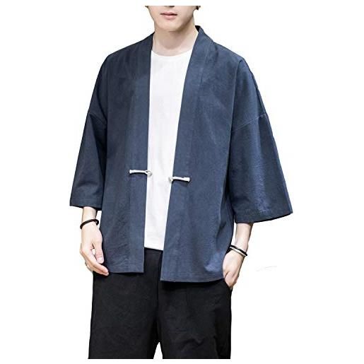 PRIJOUHE uomo kimono giacche cardigan casual misto cotone lino sette maniche aperte frontale ricamo cappotto - - medium