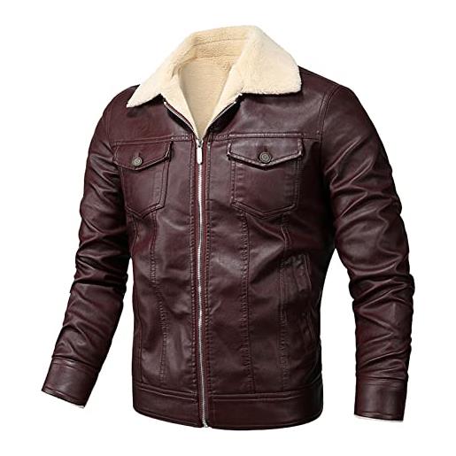 MANYMANY giacca da uomo in ecopelle con risvolto giacca da aviatore bomber foderata in sherpa colletto di pelliccia soprabito invernale in pu