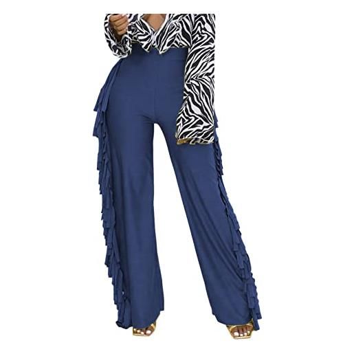 Greensen pantaloni palazzo da donna pantaloni fluidi pantaloni casual a vita alta in puro colore pantaloni larghi con frange laterali(xxl-blu)