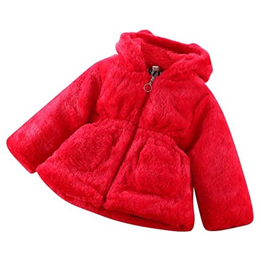 OBEEII cappotti da bambina abbigliamento autunno inverno giacca con tasca in pelliccia cappuccio spesso capispalla per ragazza, top in vita con cerniera tinta unita rosso 2-3 anni