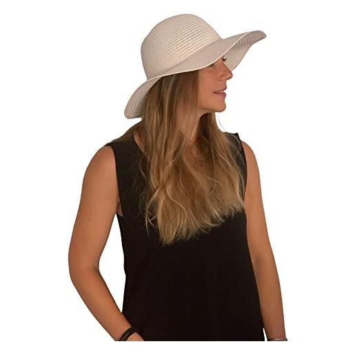 Carlotta Neri cappello da sole donna falda larga 100% carta made in italy 57 cm tagli unica 4 colori cappello spiaggia estivo, mare, elegante - accessori di qualità (beige)
