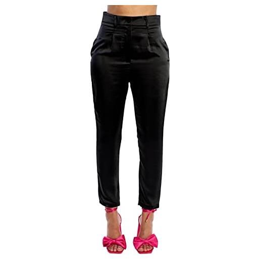 m modáh pantalone lungo elegante in raso lucido da donna, 100% made in italy, taglia m colore nero