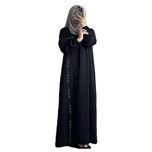 Vsadsau abito hijab musulmano manica lunga abito lungo tinta unita abito lungo dubai arabo caldo diamante sottile cintura abito, nero , xxl