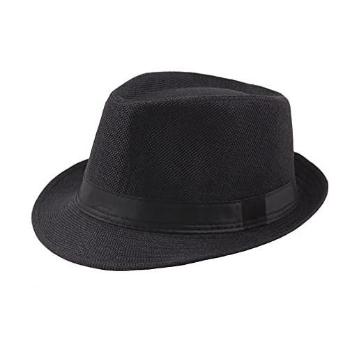 Elwow cappello da uomo estivo traspirante panama fedora beach sun hat cappello di paglia con design a crimpare, nero, m/l