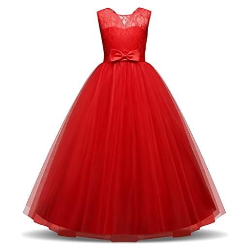 NNJXD garza di pizzo per ragazze abito da sposa vestito della principessa taglia(140) 8-9 anni rosso