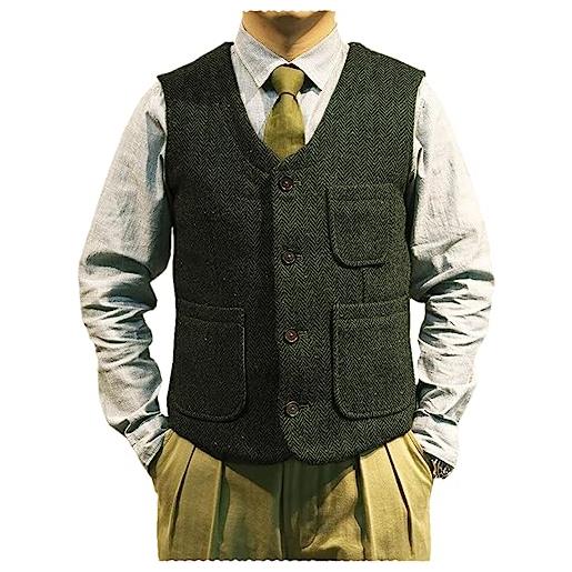 Tiavllya gilet da uomo in tweed vintage a spina di pesce per gilet di lana da sposa con grandi tasche（l, army green）