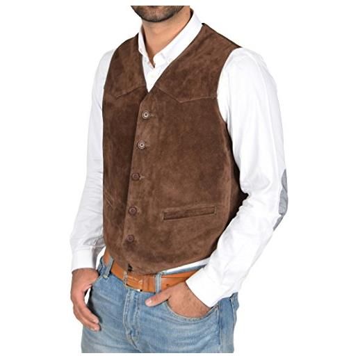 House Of Leather uomo vera pelle scamosciata tradizionale stile classico gilet waistcoat vest don marrone (large)