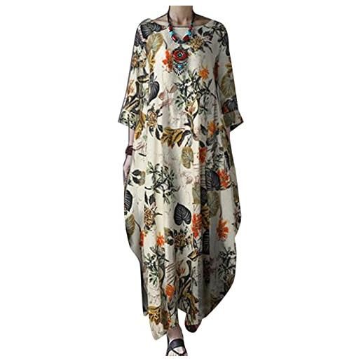 keephen abito caftano lungo da donna in cotone e lino taglie forti con tasche