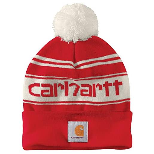 Carhartt berretto da uomo con pompon e logo, taglia unica, red winter white, taglia unica