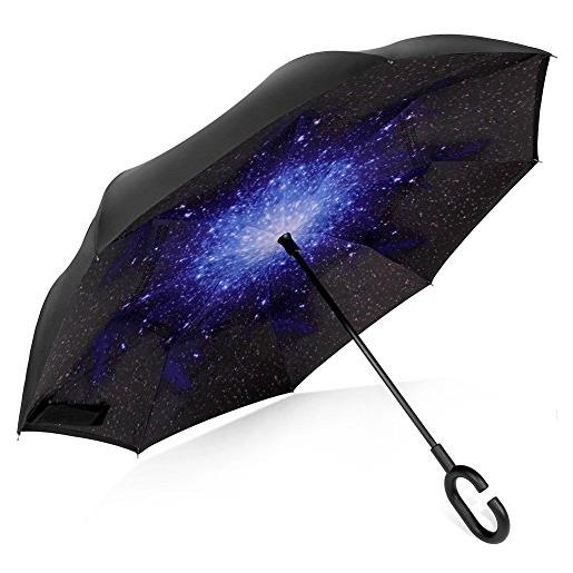 Deerbird® auto piega manico in gomma di tipo c rovesciato anti ombrello tipo compatto leggero ombrello antivento, dono ideale maschio e femmina