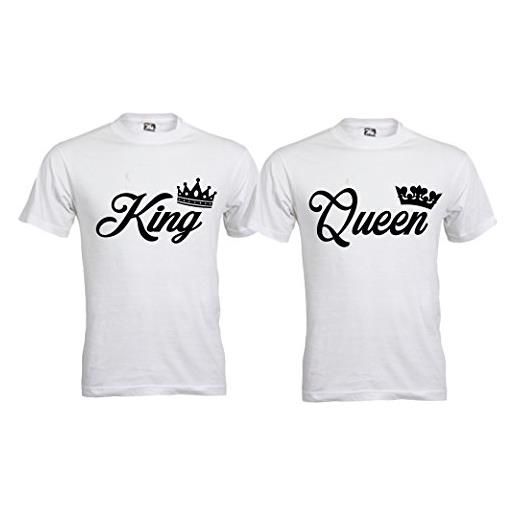 love print coppia di t-shirt king & queen angel (uomo m donna s, bianco)
