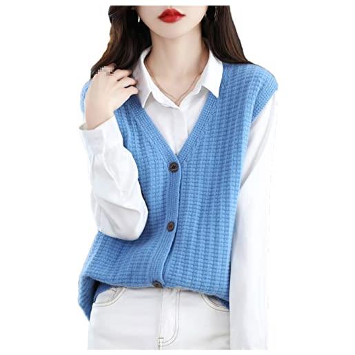 Vsadsau gilet cappotto donna 100% lana merino senza maniche cardigan maglione maglia pullover top, blu, l